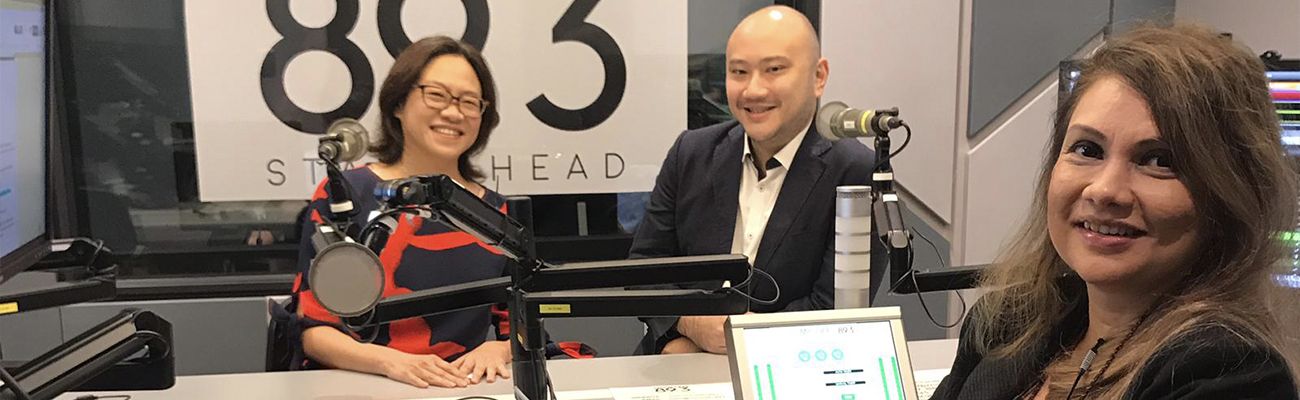 Photo of Rachel Teo and Oliver Siah with Michelle Martin on Money FM